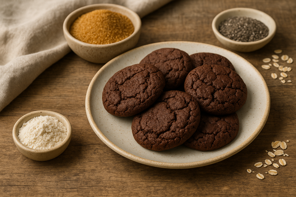 Cookies vegan bio sur une table rustique avec bol de sucre de coco, bol de graines de chia, bol de farine d’amande et quelques flocons d’avoine